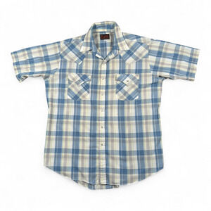 Vintage Plains Western Shirt Adult LARGE Blue Green Plaid Pearl Snap Cowboy 90s